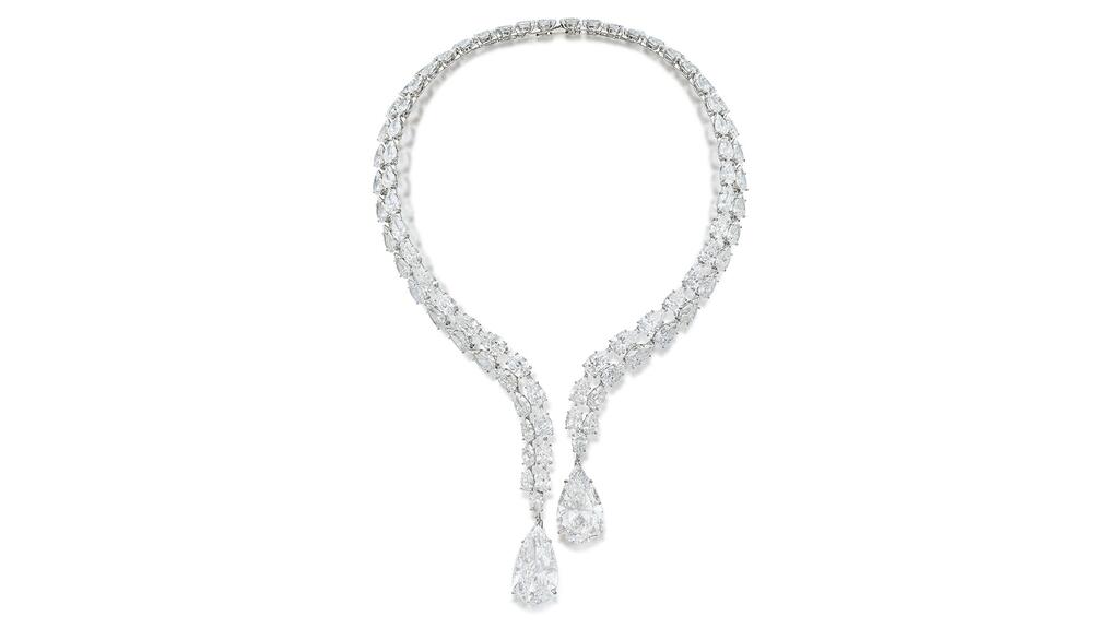 A negligee-style diamond necklace with 95 pear-shaped diamonds, including two internally flawless stones weighing more than 28 carats each, which sold for $4.4 million pear shaped diamond necklace